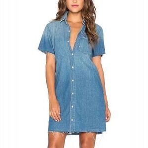 Mother Short Sleeve Frenchie Fray Dress in Cut & Run Denim Blue Size Small